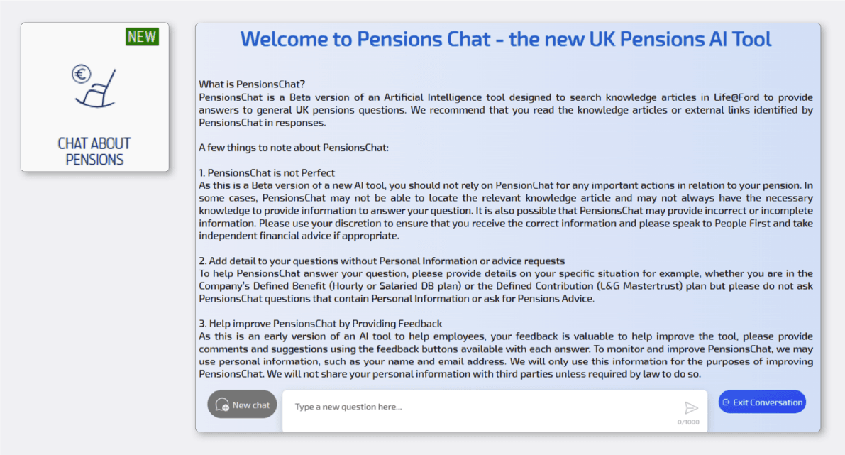 A screenshot of the PensionsChat chatbot