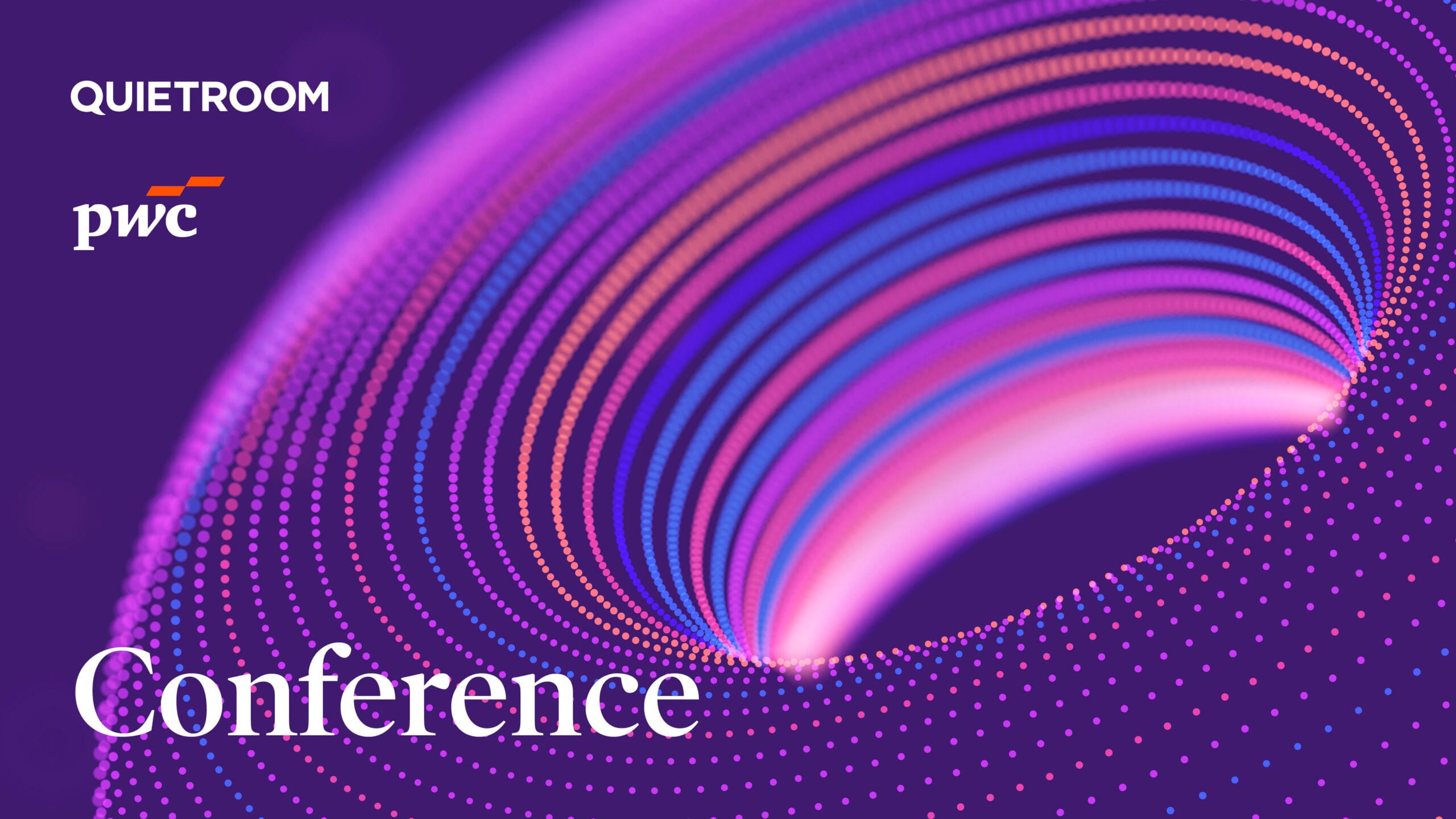 The words 'Conference', the Quietroom logo and the PwC logo are set against a purple vector background,